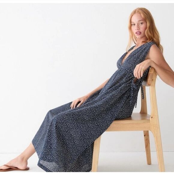 NWT J. Crew Navy Dot Print Sleeveless‎ V-Neck Side Tie Beach Maxi Dress Size XXS - Picture 1 of 10